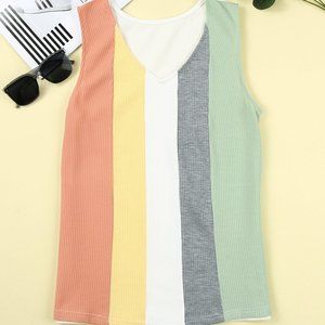Striped Waffle-Knit V-Neck Tank